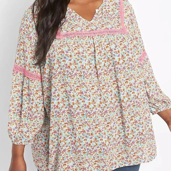 Lane Bryant Floral Classic Split-Neck Peasant Top 30/32 - Picture 1 of 7